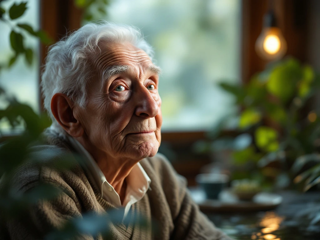 Elderly person in serene setting reflects on Creutzfeldt-Jakob disease, surrounded by nature, embodying compassionate care by Hovi Care.