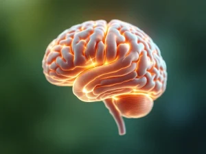 Photorealistic image of an elderly brain showing Creutzfeldt-Jakob disease effects, set against a calming green and blue background.