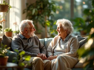 Elderly couple in a warmly lit room with plants, engaging in a caring conversation, reflecting Hovi Care's compassionate elderly care.