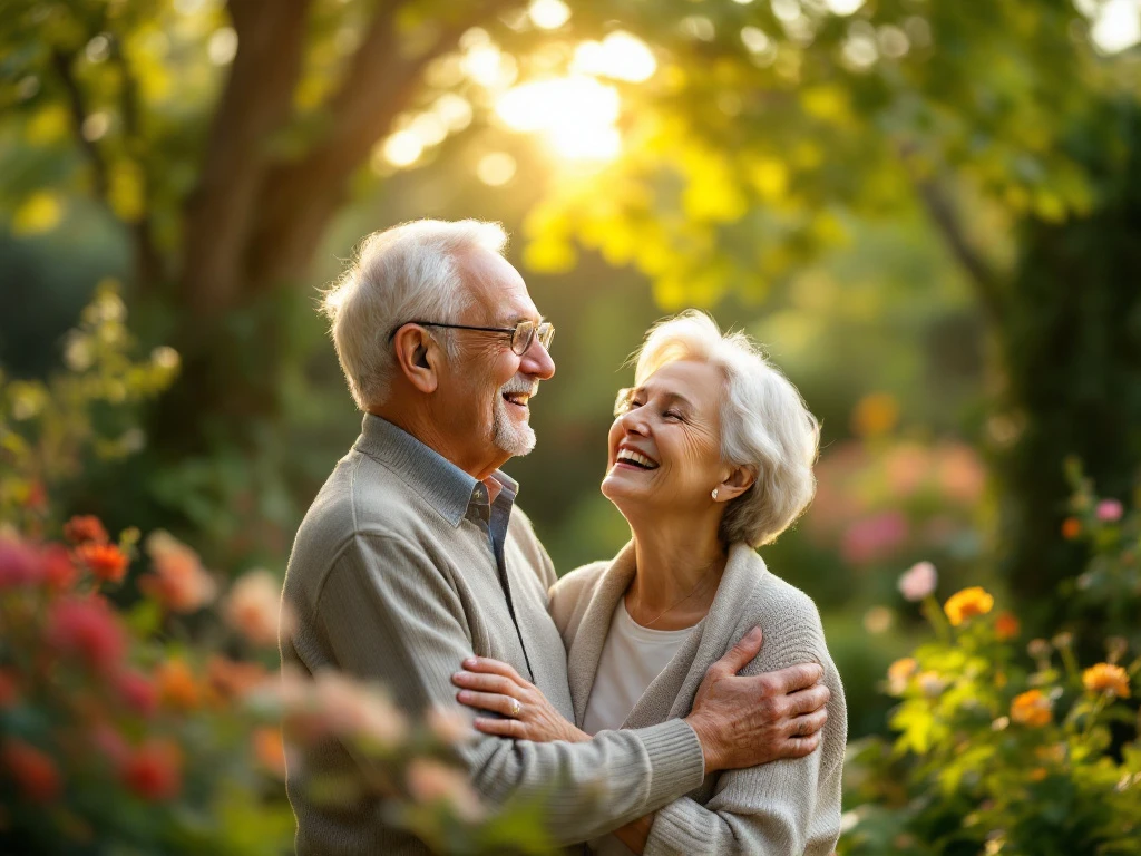 Elderly couple in a lush garden, wearing hearing aids, enjoying sunlight and nature, symbolizing wellbeing and Hovi Care's values.