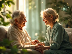 A serene elderly care scene with a caregiver, soft lighting, and a neuron symbol, reflecting trust and comfort at Hovi Care.