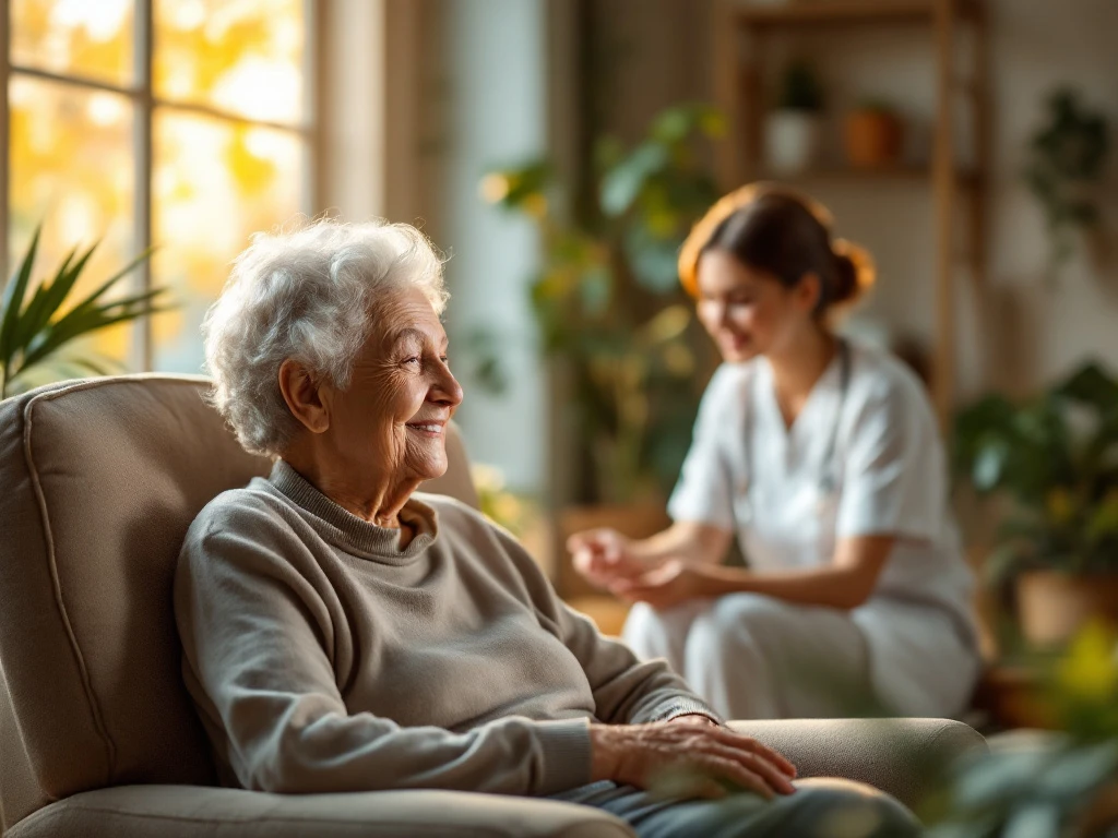 Elderly person in armchair with caregiver nearby in a warmly lit room, reflecting calm and care with earthy tones and nature decor.