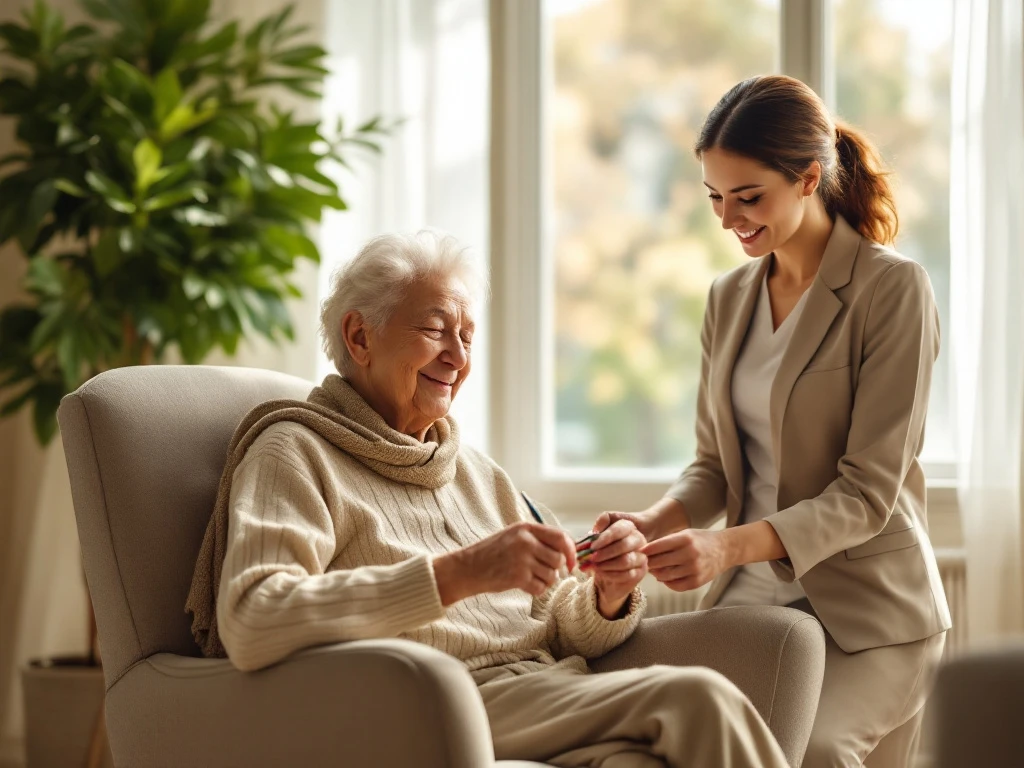 A sunlit room with an elderly person painting, a caring caregiver nearby, and a lush plant, symbolizing independence and support.