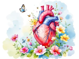 Anatomical heart blooming with colorful flowers and butterflies in watercolor style, symbolizing vitality and renewal.