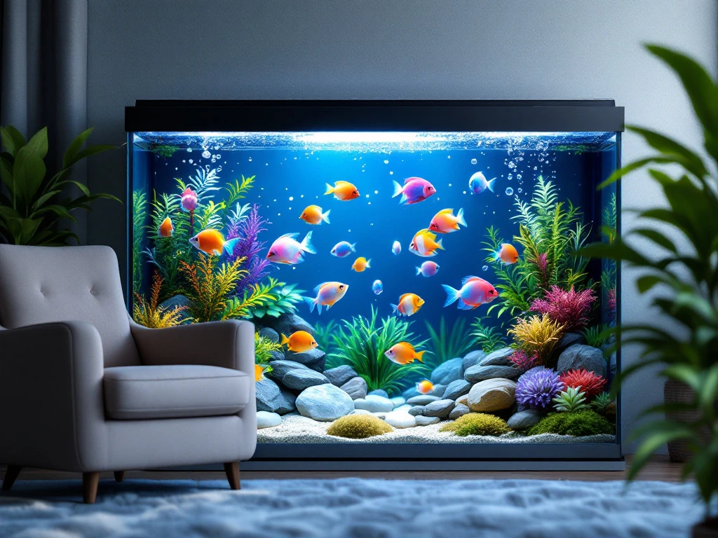 Vibrant aquarium with tropical fish in a cozy senior-friendly living space, featuring natural elements and a nearby armchair.