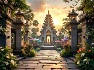 Balinese temple complex at golden hour with accessible stone pathways, ornate carvings, tropical gardens, and traditional umbrellas.