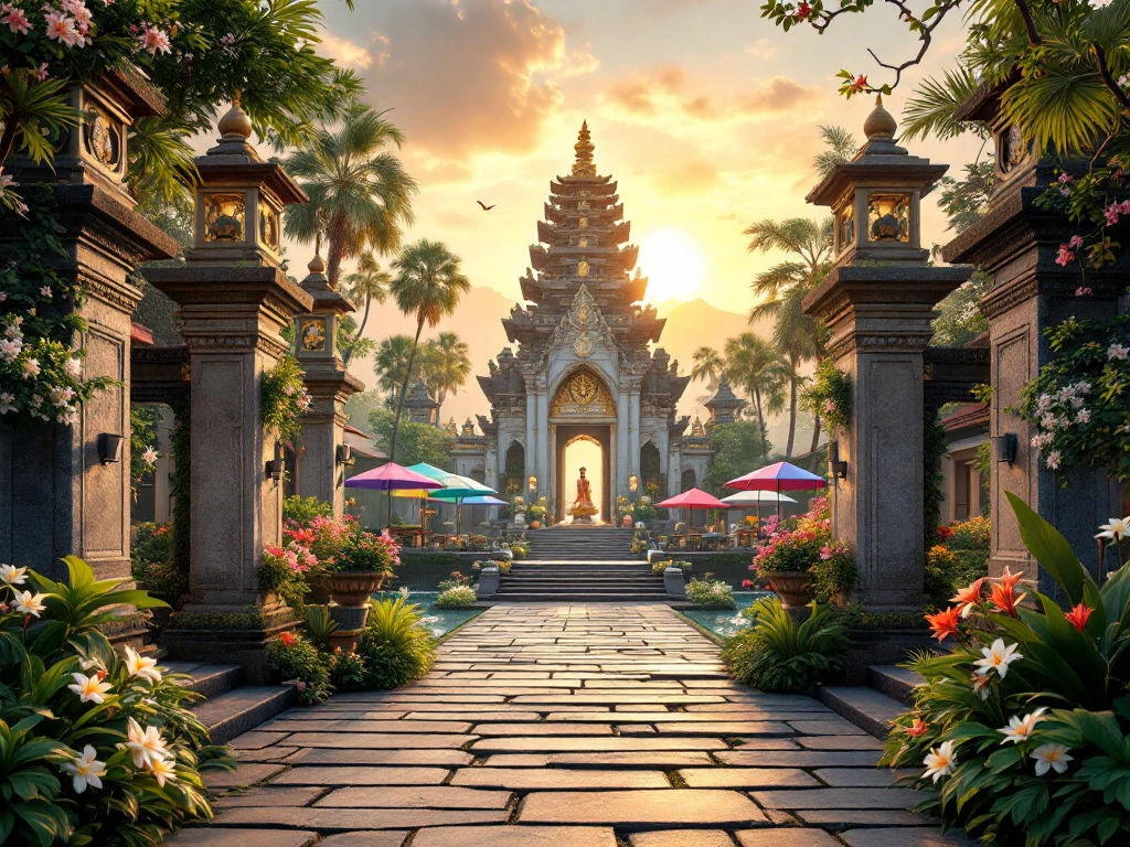 Balinese temple complex at golden hour with accessible stone pathways, ornate carvings, tropical gardens, and traditional umbrellas.