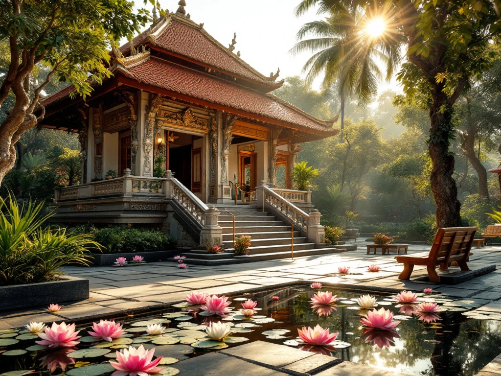 Accessible Balinese temple pavilion with ornate carvings, surrounded by tropical gardens and a lotus pool in golden afternoon light.