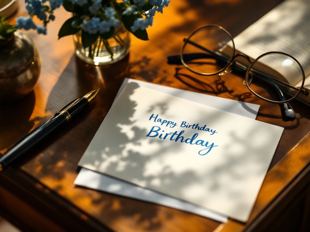 Open birthday card with scribbled name on wooden table beside fountain pen, reading glasses, and forget-me-not flowers in soft, dramatic lighting.