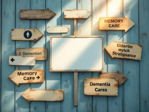 Conflicting memory care and elderly services signs on wooden wall; one sunlit sign symbolizing clarity amid dementia confusion.
