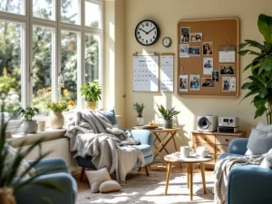 Dementia-friendly living room with medication dispenser, memory calendar, sensory objects, and calming blue furniture overlooking a therapeutic garden.