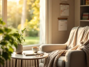 Tranquil memory care space with armchair by garden window, tea and puzzle on table, medication organizer, and memory games in warm sunlight.