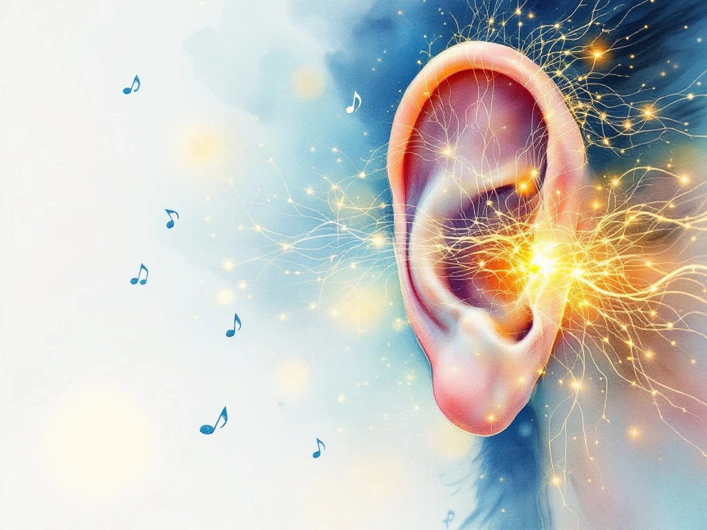 Watercolor human ear with anatomical details surrounded by sound waves transforming into neural pathways, highlighting the connection between hearing and brain health.