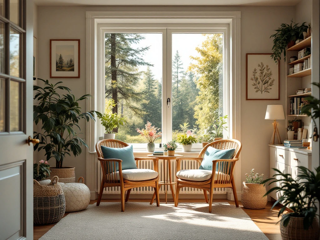 Sunlit eldercare room with cozy reading nook featuring wood furnishings, blue armchair, and windows overlooking Finnish forest landscape