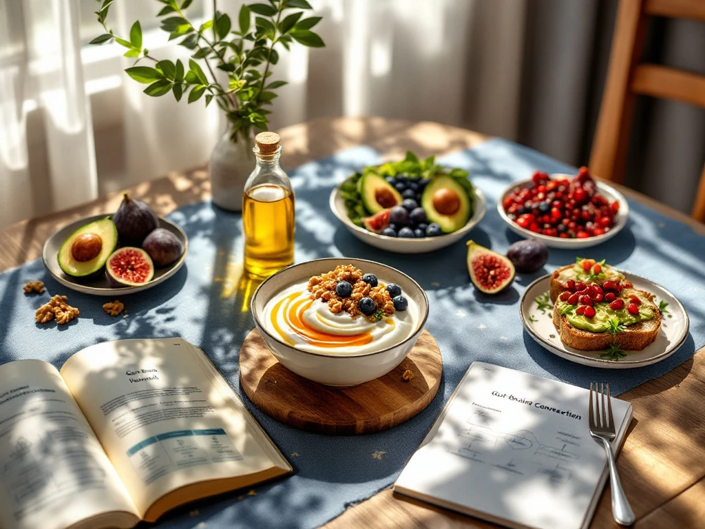 Sunlit Mediterranean breakfast spread with Greek yogurt, avocado toast, and fresh fruits on a blue tablecloth beside gut-brain health journal