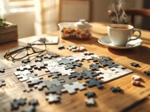 Half-completed jigsaw puzzle with scattered pieces on wooden table, reading glasses, pill organizer, and tea nearby. Calendar with red-circled dates visible.
