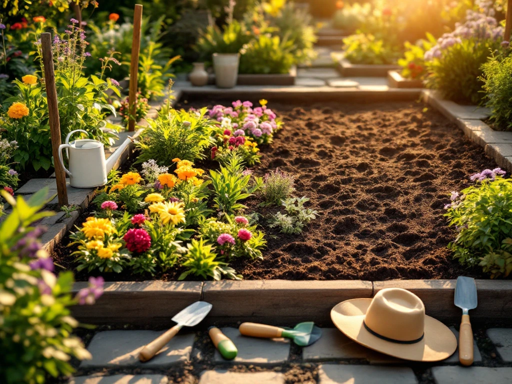 Partially completed raised flower bed with senior-friendly gardening tools, accessible height beds, and stone pathways in golden afternoon sunlight.