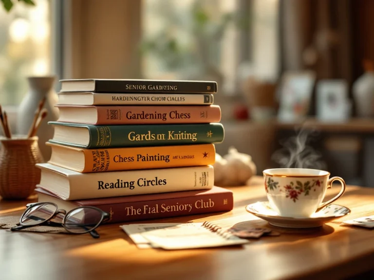 Diverse books on gardening, chess and art stacked on wooden table with reading glasses, bookmark and tea, bathed in afternoon light at senior hobby club.