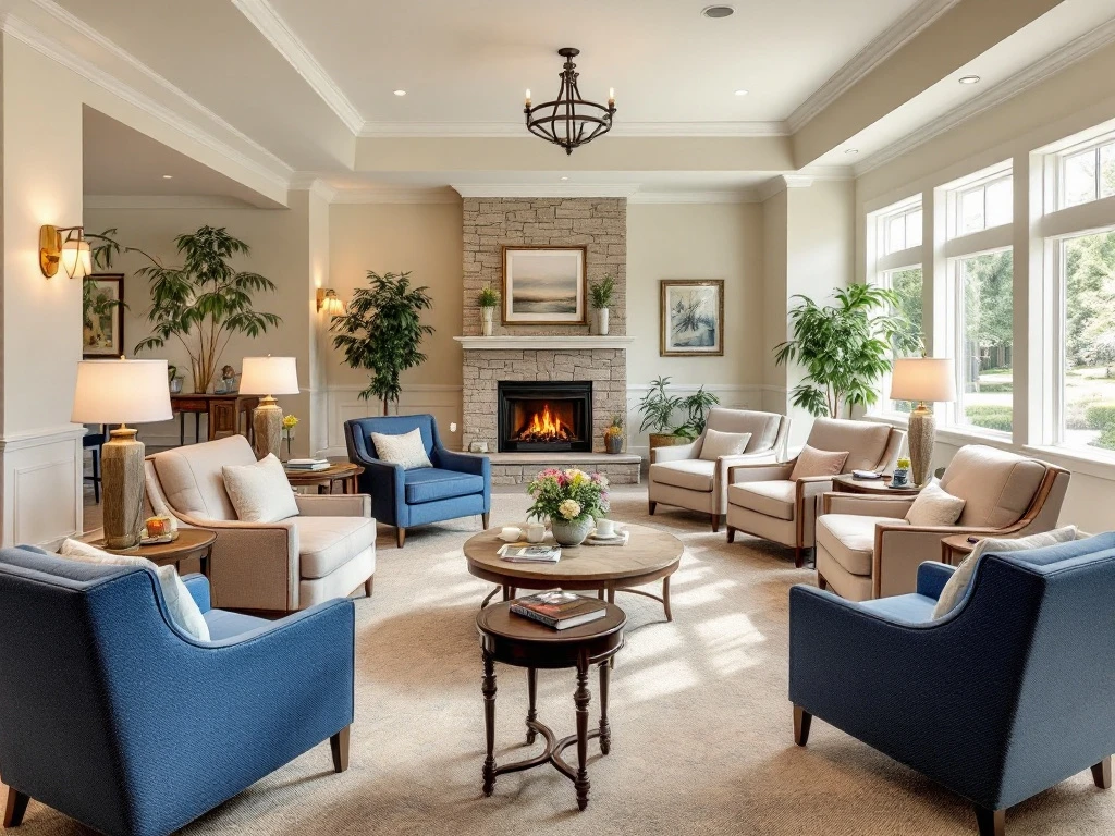 Accessible senior living common area with circular seating, wide pathways, natural lighting, plants, and a cozy fireplace creating a homey atmosphere.