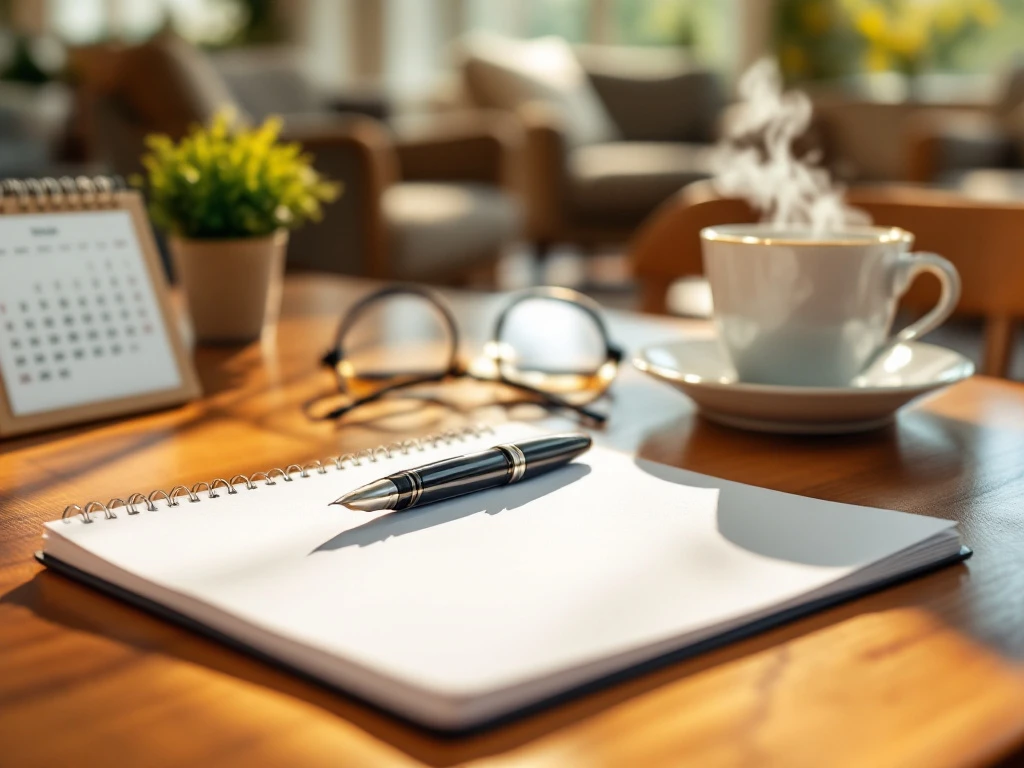 Fountain pen on blank writing pad in senior activity center, with reading glasses and chairs arranged in circle for community engagement.