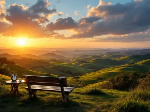 Empty wooden bench facing golden sunset over green hills, with tea and vintage clock on side table. Shadows lengthen as day transitions to evening.