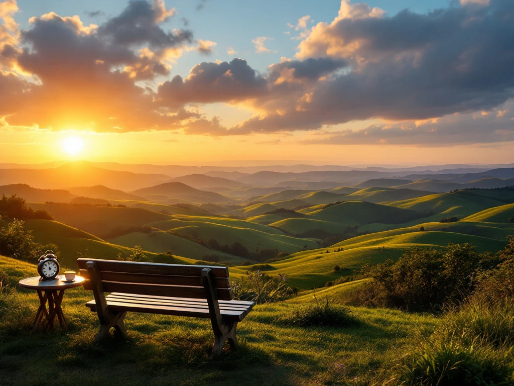 Empty wooden bench facing golden sunset over green hills, with tea and vintage clock on side table. Shadows lengthen as day transitions to evening.