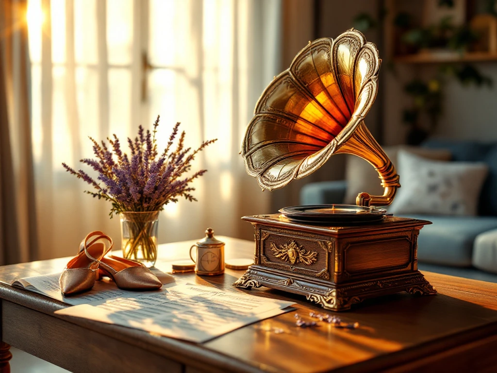 Vintage brass gramophone with ornate detailing on wooden table, surrounded by sheet music, dancing shoes and lavender in sunlit living room.
