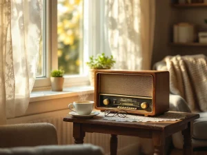 Vintage wooden radio on rustic table in sunlit living room with tea cup, reading glasses, and comfortable armchair nearby.