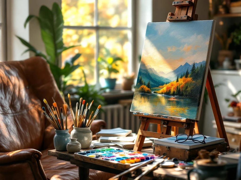 Artist's studio with wooden easel, half-finished landscape painting, paintbrushes, and sunlight streaming through windows.