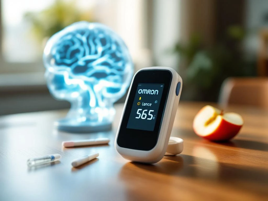 Omron blood glucose monitor on wooden table with test strips, lancet, glowing brain model, apple and water glass in warm sunlight.